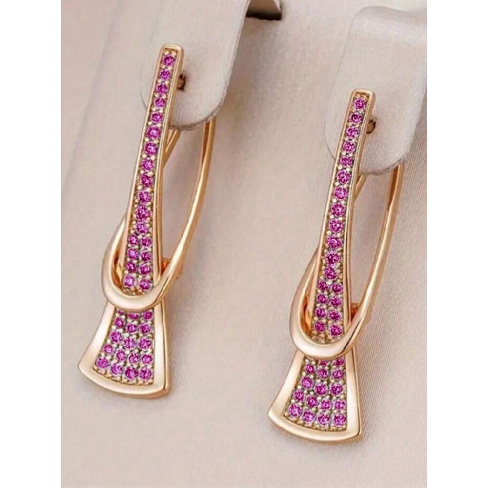 Hoop Drop Earrings with Pink Crystals R416